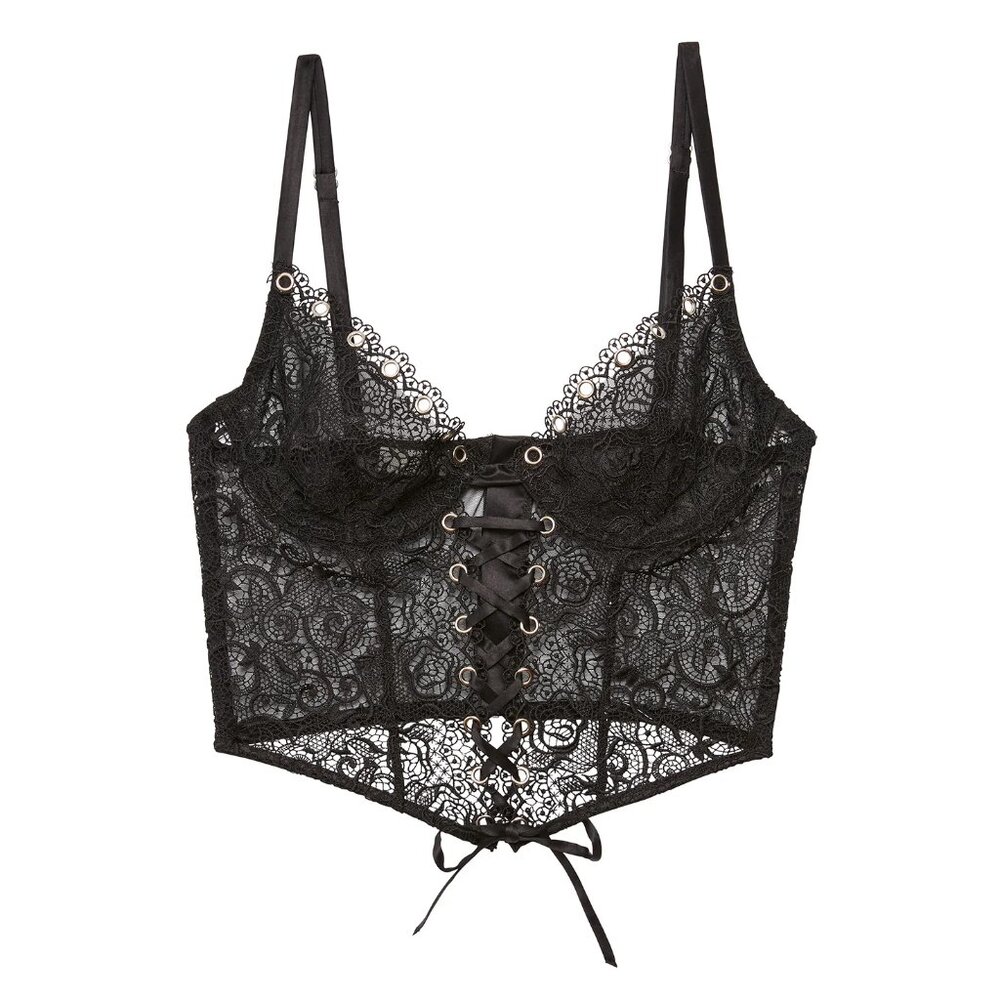 Fleur Du Mal, Eyelet Embroidery Lace-Up Bustier, Black